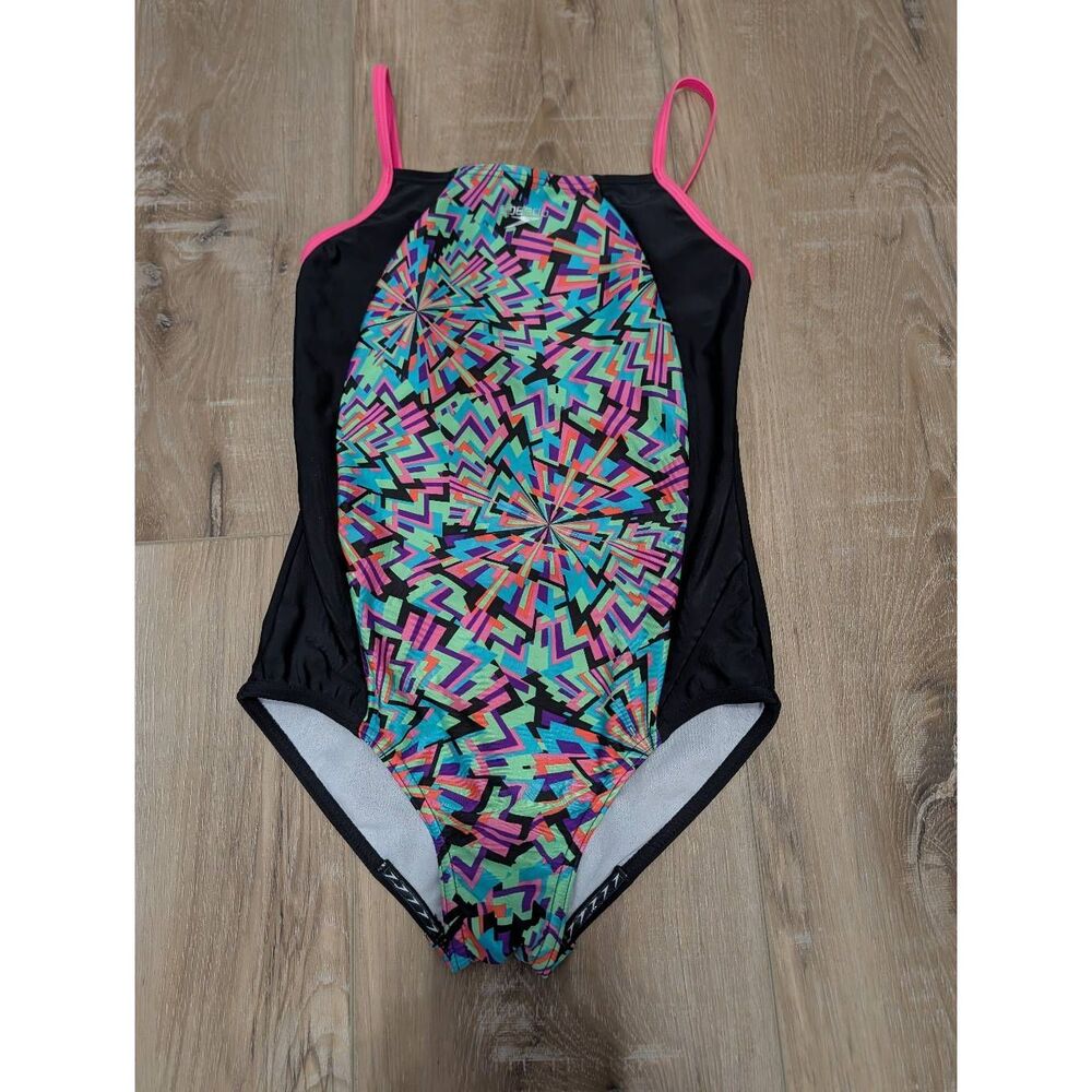 Speedo Girl's Colorful Geometric Competition Swimsuit Size 16 XL EUC